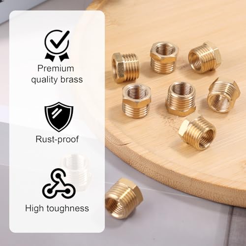 Image of 9pcs Brass Reducer Hex Bushing, 1 /4 inch NPT Male to 1 /8 inch NPT Female Threaded Pipe Fitting Reducer Adapter for Plumbing Hydraulic Gas Applications