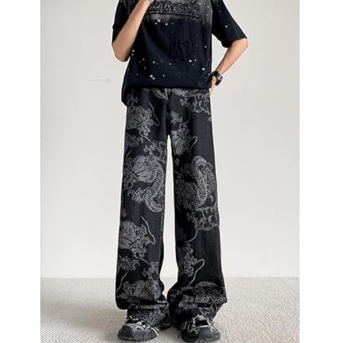 Men's Jeans Loose Trendy Dragon Print Hip Hop Straight Leg Denim Pants2
