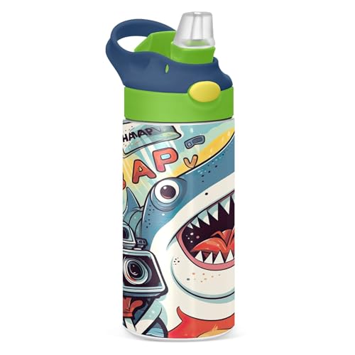 Sevdomey Botella de agua para niños con diseño de tiburón divertido de dibujos animados para niñas y niños, de acero inoxidable, aislada, a prueba de fugas, 350 ml, para escuela, guardería, viajes,