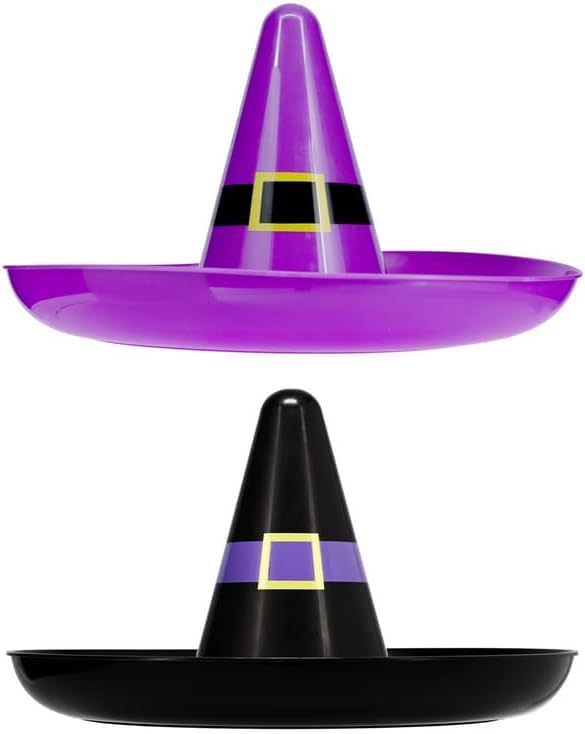 JF- Happy Halloween Themed Plastic Witch Hat Round Tray 13.5 in (Set of 2) Black and Purple Bonus Halloween Slap on Bracelet