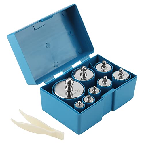 ZEONHEI Lot de 8 poids d'étalonnage M2, 1 kg, poids d'étalonnage, 10 g, 20 g, 50 g, 100 g, 200 g, 500 g, poids en acier de précision avec pincettes, pour...