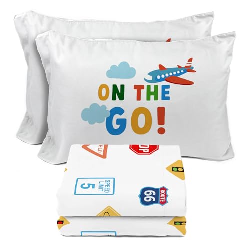 Image of Sunny Side Up On The Go Full Sheet Set - 4 Piece Kids Bedding Set Includes Pillow Cover - Super Soft Vehicles Microfiber Sheets