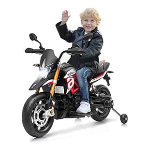Costzon 12V Kids Motorcycle, Licensed Aprilia Electric Motorcycle Ride On Toy w/Training Wheels, Spring Suspension, LED Lights, Sounds & Music, MP3, Battery Powered Dirt Bike for Boys & Girls, Red