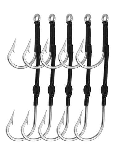 BLUEWING Double Rigged SS Southern Bend Hookset 5pcs Inline Tandem Fishing Hookset Stainless Steel Big Game Trolling Hooks for Saltwater Fishing, 11/0