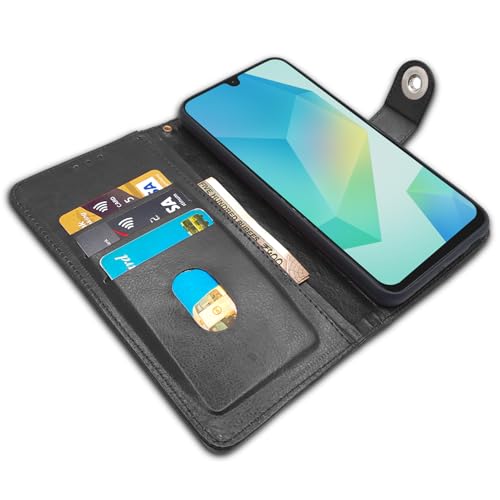 Image of Pikkme Flip Cover Leather Finish | Inside TPU with Card Pockets | Wallet Stand and Shock Proof | Complete Protection Button Flip Case for Samsung Galaxy A16 5G(Black)