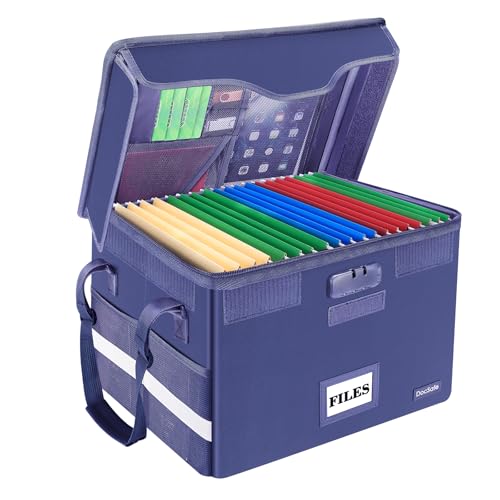 DocSafe Fireproof Document Box with Lock, File Storage Organizer with Mesh Pockets, Collapsible Portable File Box Home Office Safe Filing Cabinet with Handle for Hanging Letter/Legal Folder, Blue