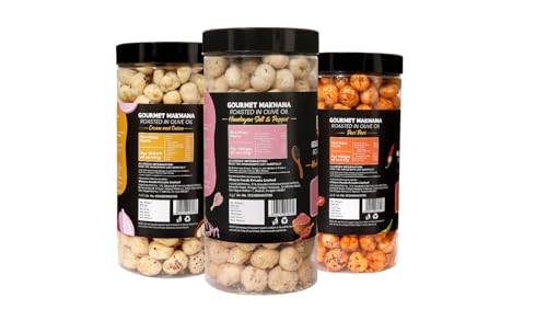 Image of H O M House Of Makhana 195g Cream and Onion, Himalayan Salt and Pepper And Peri Peri Gourmet Makhana Jar Roasted in Olive Oil, Flavored Makhana Pack of 3 (65gX3)