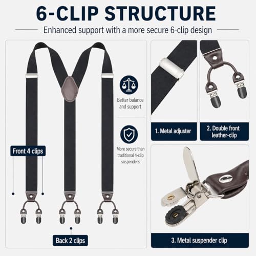 Image of Men's Heavy Duty Y-Back Suspenders, 6 Strong Metal Clips Adjustable Elastic Straps for Work, Tuxedos, and Daily Wear