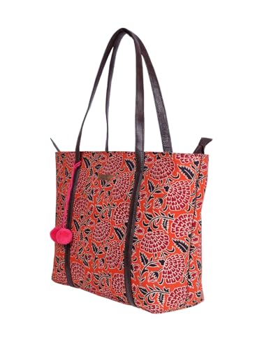 Image of NEPRI Oversized Office Tote Bag | Stylish Tote Bags | Purse for Women | Vegan Leather & Hanblock Printed Fabric Handbag with Double Handle Shoulder Strap| Daily & Travel Use