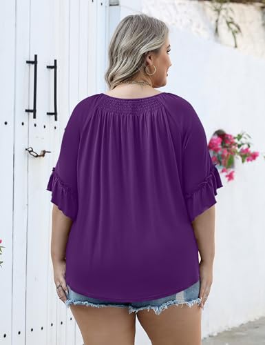Image of Micoson Womens Plus Size Tops 3 /4 Ruffle Sleeve Crewneck Pleated Shirts