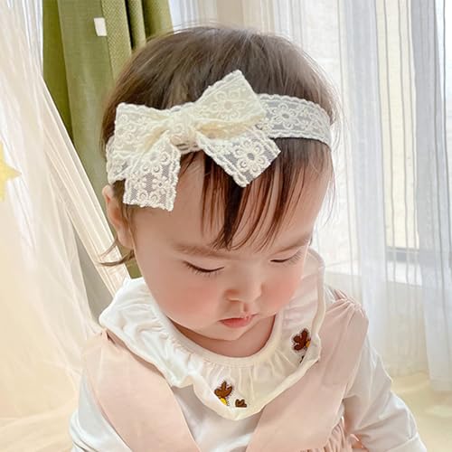 Baby Girl Headbands with Lace Bow Knot Beige White Baby Bow Headband for Baby Girl Infant Newborns Toddlers Bows and Headbands for Baby Shower Birthday Photography Special Occasions (White, One Size)