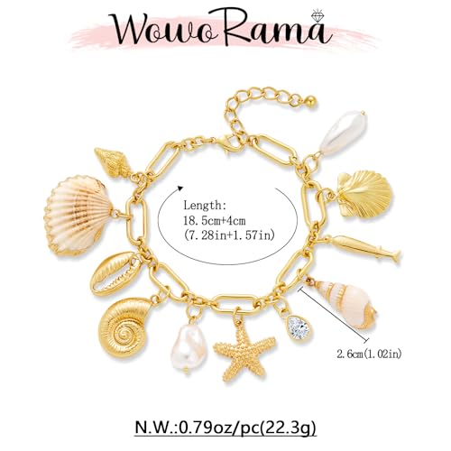 WOWORAMA Gold Shell Charm Bracelet for Women Chunky Gold Seashell Starfish Bracelet Boho Summer Beach Charm Bracelets Hawaiian Mermaid Jewelry 6