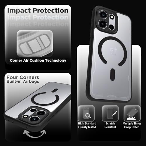 Image of RIGGEAR Shockproof Sleek Hybrid Armor Magnetic Back Cover Case Compatible with MagSafe Accessories for OnePlus Nord 6 5G / Nord CE 6 5G (Clear PC + Black TPU Bumper)