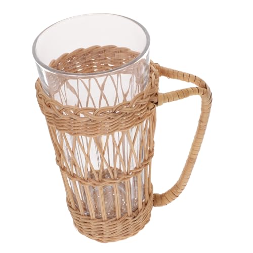 KICHOUSE Handwoven Rattan Sleeve 470ml Juice Cup Vintage Style Water Glass Bar Cup for Home Use