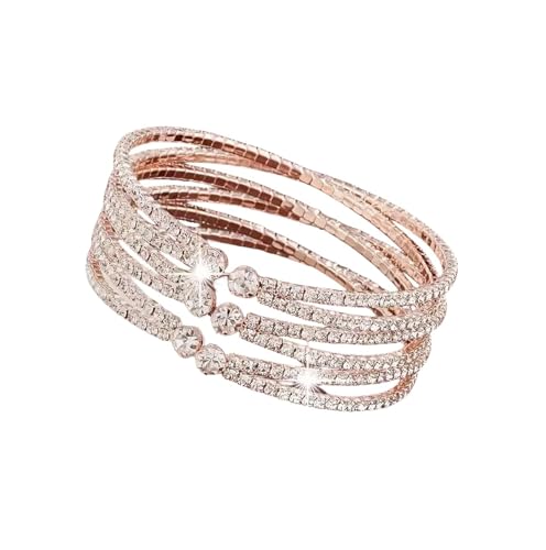 Pingyongchang Layered Bridal Crystal Rhinestone Cuff Bracelets for Women Adjustable Bling Upper Arm Sparkling Bangles for Girls Jewelry Accessory Gift for Wedding Formal Prom Cocktail Party, 3, Zinc,