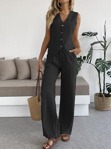 Women's Linen 2 Piece Outfits Summer Vest Suit Sets Wide Leg Pants Business Casual Vacation Work Sets2