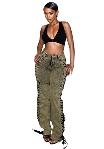 DINGANG High Waisted Sexy Jean for Women's Straight Leg Drawstring Lace Up Stretch Distressed Denim Pants