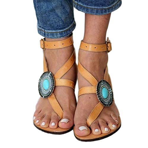 Hinyyrin Women's Gladiator Sandals,Cross Tie Flat Rhinestone Sandals,Beach Sandals Size 9 #TOP4