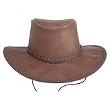 American Hat Makers Crusher Premium Brown Leather Australian Outback Hat for Men and Women, Aussie Australian Western Cowboy Style, UPF50 Wide Brim, Waterproof Oilskin, Crushable and Packable | Large