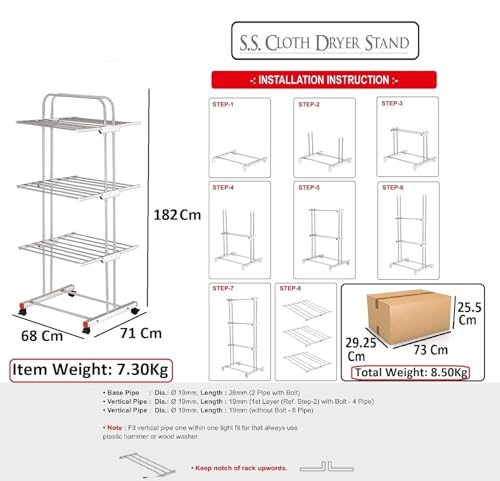 Image of Heavy Duty 304 Stainless Steel Foldable Cloth Dryer Stand | 3 Layer Movable Laundry Drying Rack for Indoor & Outdoor Use (Steel Mirror)