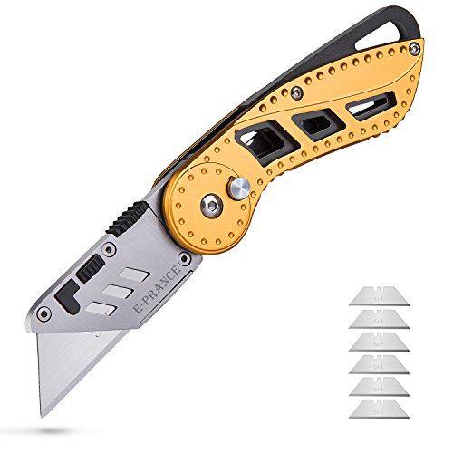 Professional Box Cutter Folding Utility Knife, E-PRANCE Pocket Carpet Knife with 14 Replaceable SK5 Stainless Steel Blades, Easy Release Button, Quick Change and Locking Razor Knife (Gold-Black)