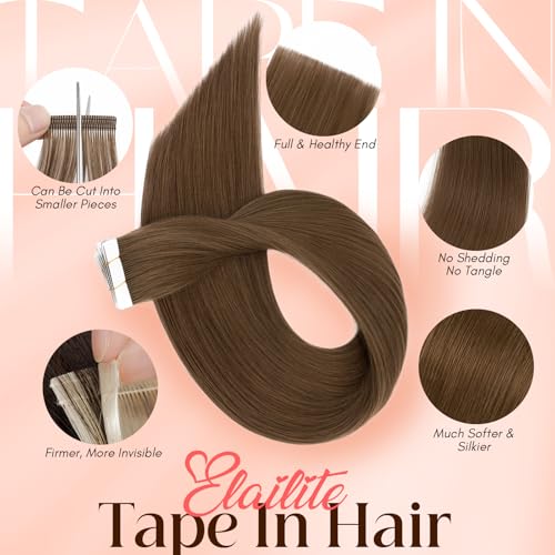 Image of Elailite Tape in Hair Extensions Human Hair Thick Real Remy Hairpieces Medium Brown 18 Inch 50g 20pcs Straight Invisible Seamless Skin Weft Best Tape for Women