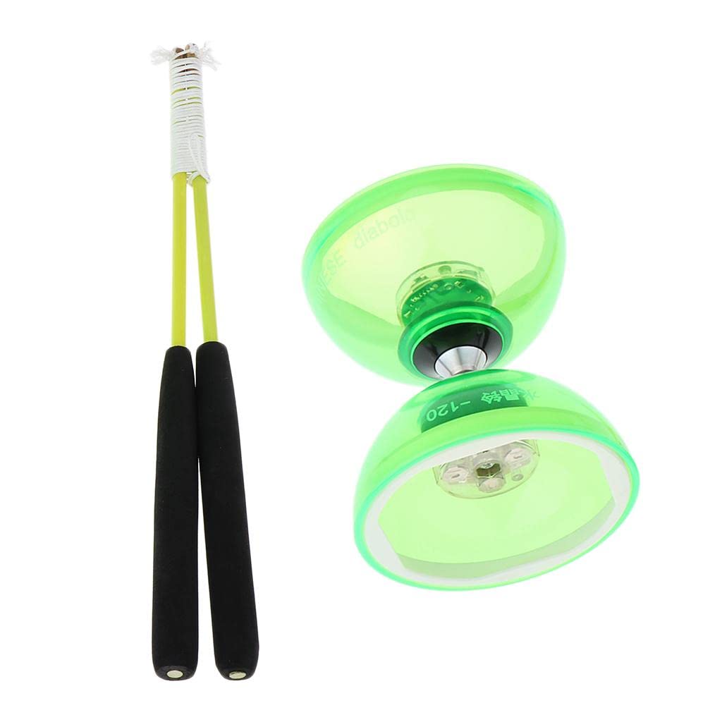 F Fityle Diabolo Professionnel à 3 Roulements avec Bâtons et Cordes, LED Allume Le Balle en Caoutchouc, Les ETS de Coordination des Yeux, Vert