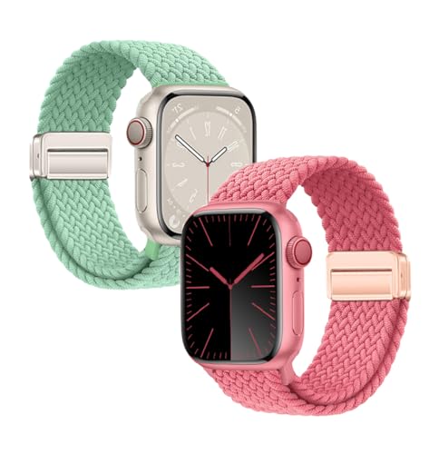 Wyy-Peace 2PCS loop magnetic nylon elasticity braided buckle straps compatible with apple watch straps 40/41/38/42/44/45/49mm for Women Men Stretchy Strap Elastic Sport Band for iWatch SE