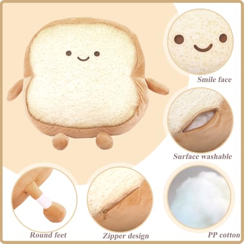 Image of DENTRUN Toast Plush Pillow, Soft Bread Shape Food Cushion for Hugging Decor | funny expression, sofa /bed cushion, soft plush, gift for kids /adults, room decor
