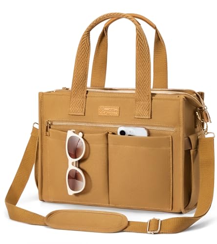 Image of Canvas Tote Bag for Women, 15-Pockets Work Laptop Tote Purse Large Crossbody Nurse Teacher Bible Bag for School Travel Daily | with Strap & Zipper