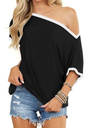 LEEDYA Off The Shoulder Tops for Women Summer Sexy Short Sleeve Color Block T-Shirts Casual Oversized Batwing Tunic Top