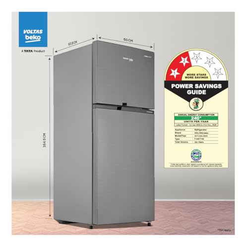 Image of Voltas Beko, A Tata Product 283 L, 2-Star Double Door Frost Free ProSmart Inverter Refrigerator with NeoFrost Dual Cooling Technology (RFF334C / 2WPV100RXID, Hairline Silver)