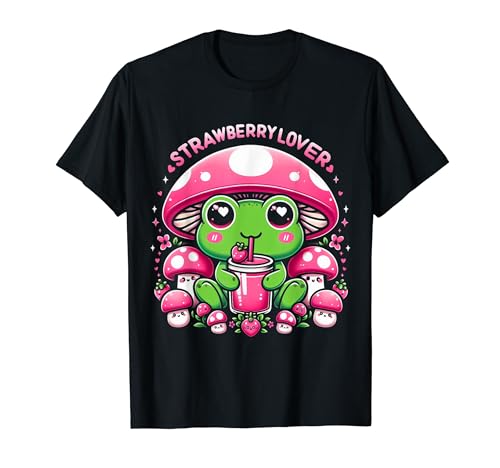 Camiseta Kawaii de rana y hongos - Amante de la fresa Camiseta