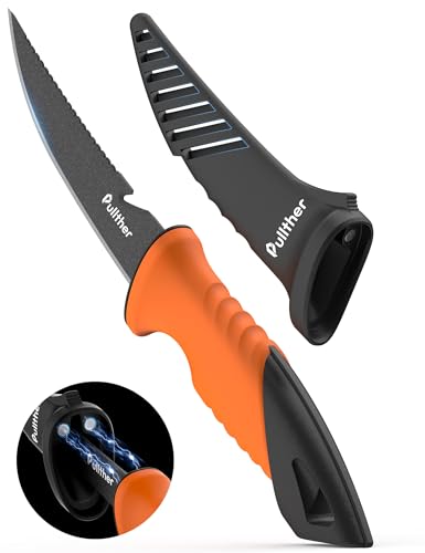 pullther Fishing Angelmesser 130mm Fischmesser aus Edelstahl mit Rutschfestem Griff Gezackter Rand Angelzubehör mit Magnetische Messerscheide