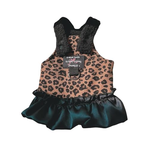 HDKUW Small Dog Dresses with D-Ring & Plush Lining, Leopard Print Cozy Fleece-Lined Puppy Outfits for Small Dogs, Cold Weather Fashion Pet Clothes for Daily Walks/Holiday Parties S