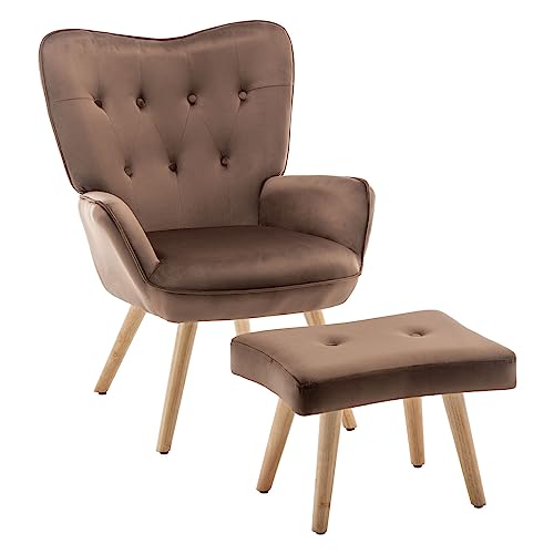 HollyHOME Sillon con Reposapies Salon Sillón Lectura Butacas de Salon Relax Comodos Sillones con Reposapiés Terciopelo Dormitorio, Marrón