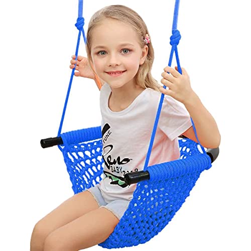 Balancoire Enfant Exterieur avec Cordes Réglables, Siège De Balançoire Enfant à Tricoter à La Main Idéal pour Arbre, Intérieur Extérieur, Jardins,Aire De Jeux, Arrière-Cour(Color:Bleu)