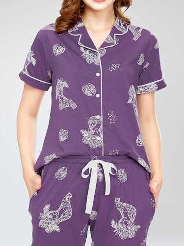 Image of ZEYO Night Suit for Women's Floral & Cheetah Printed Cotton Night Dress of Shirt and Pajama Set 5755