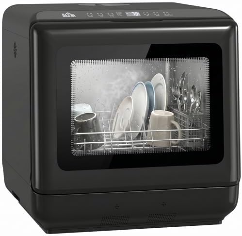 HOMCOM Tischgeschirrspüler, Mini-Geschirrspüler mit integriertem 6-Liter-Wassertank, 5 Programmen, Touch-Steuerung, LED-Display, 4 Gedecke, Dual-Wasserversorgung und Lufttrocknungsfunktion, Schwarz