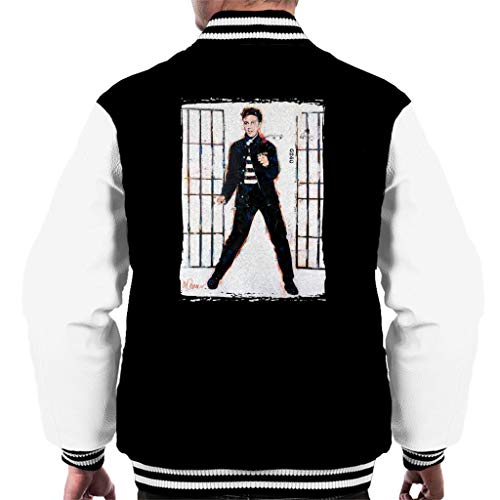 ICONS MERCH Elvis Presley Jailhouse Rock Mens Varsity Jacket XL Jet Black Arctic White College Bomber Featuring Sidney Maurer Artwork Professionally Printed Vintage Gift for Elvis Fans