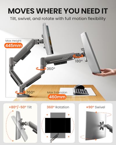 Image of ErGear Dual Monitor Arm, Full Adjustable Monitor Mount for 17-34″ Screens, Fast Install Computer Monitor Stand with Tool-Free VESA Mount, Max Load 19.8 lbs, Max VESA 100x100mm - Grey