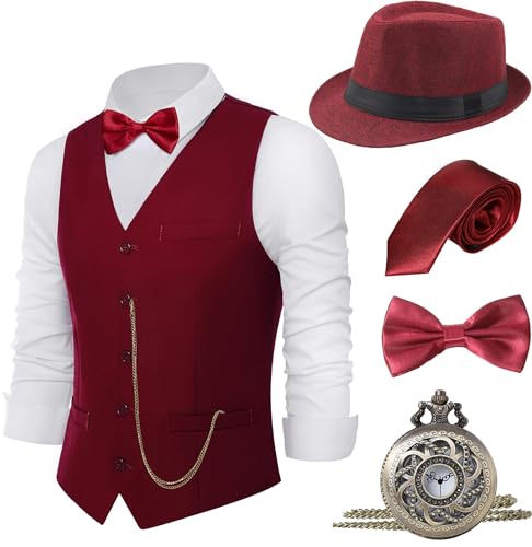 Image of BABEYOND 1920s Mens Gangster Vest Costume Accessories Set Fedora Hat