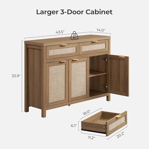 SICOTAS Rattan Sideboard Buffet Cabinet with Storage, Boho Credenza Accent Cabinet with 3 Doors and 2 Drawers, Farmhouse Console Coffee Bar for Kitchen, Living Room, and Entryway, Caramel Oak - Image 3