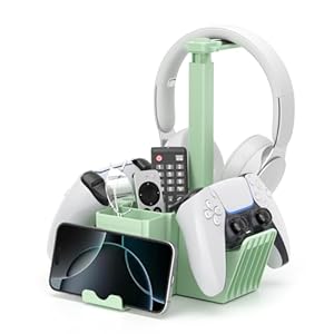 KDD Dual Controller Holder with Headphone Stand – Multi-Functional Desk Storage Box with Phone Holder – Universal Controller Stand with Desktop Organizer for Remote Control Pen Accessories(Green)