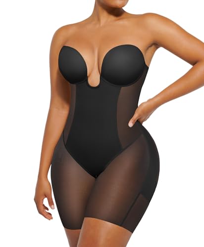SHAPELLX Strapless Shapewear for Women Tummy Control U Plunge Backless Bodysuit Mid Thigh Full Body Shaper