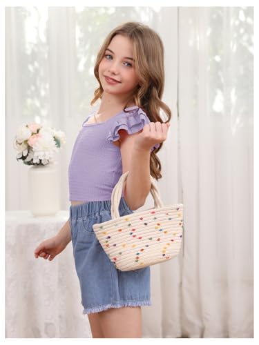 Image of OYOANGLE Girl's Casual Solid Ruffle Trim Cap Sleeve Square Neck Cute Crop Tank Tops T-Shirts