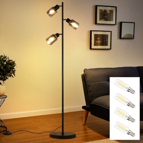 Kowanie Stehlampe Vintage Wohnzimmer Schwarz: Stehleuchte Industrial Standleuchte 3 flammig aus Glas E14 Fassung Metall Standlampe inkl. 4 × 4W 2700K Leuchtmittel Leselampe für Schlafzimmer Büro Kowanie Stehlampe Vintage Wohnzimmer Schwarz: Stehleuchte Industrial Standleuchte 3 flammig aus Glas E14 Fassung Metall Standlampe inkl. 4 × 4W 2700K Leuchtmittel Leselampe für Schlafzimmer Büro