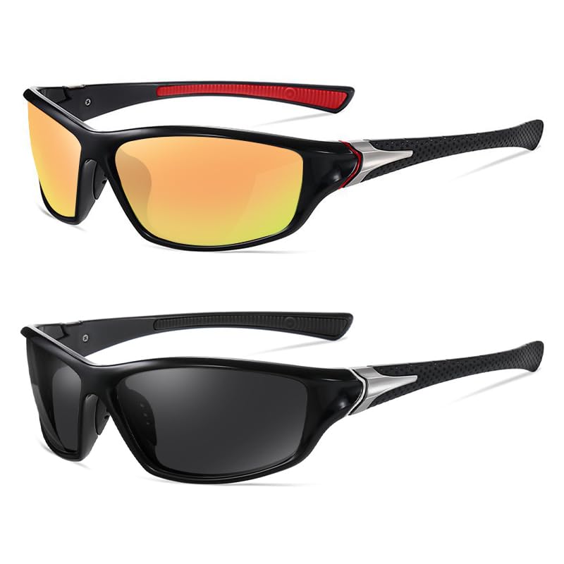 Polarized Sports Sunglasses For Men Women Cycling Driving Fishing UV400 Protection (Black Red/Grey+Black Blue/Blue)