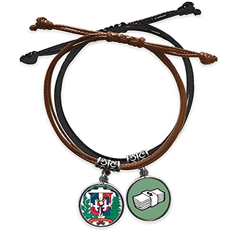 Pulsera de República Dominicana con emblema nacional y cordón de cuero negro