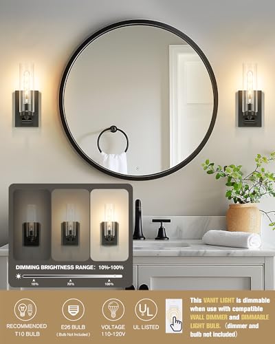 Image of Emak Modern Black Wall Sconces Set of Two, Farmhouse Bathroom Sconce with Clear Glass Shade, 2 Light Bathroom Vanity Light for Living Room, Bedroom, Gallery, WS086-BK-CG-2PK
